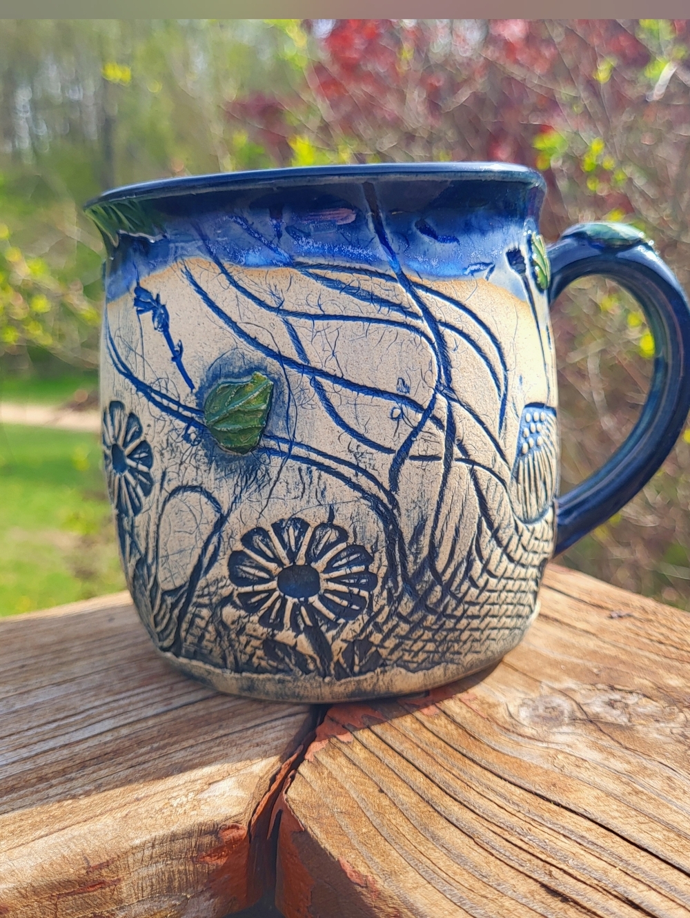 Artisan Blue and Cream Floral Ceramic Mug
